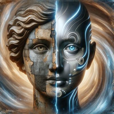 The primary subject of the image is a statue of a woman with a mix of human and robotic features. The statue is made of stone and has a blue and white color scheme. The setting is a room with a blue background, and the visual style is a combination of digital art and illustration. The overall atmosphere is a mix of human and technological elements, creating a unique and intriguing artwork.